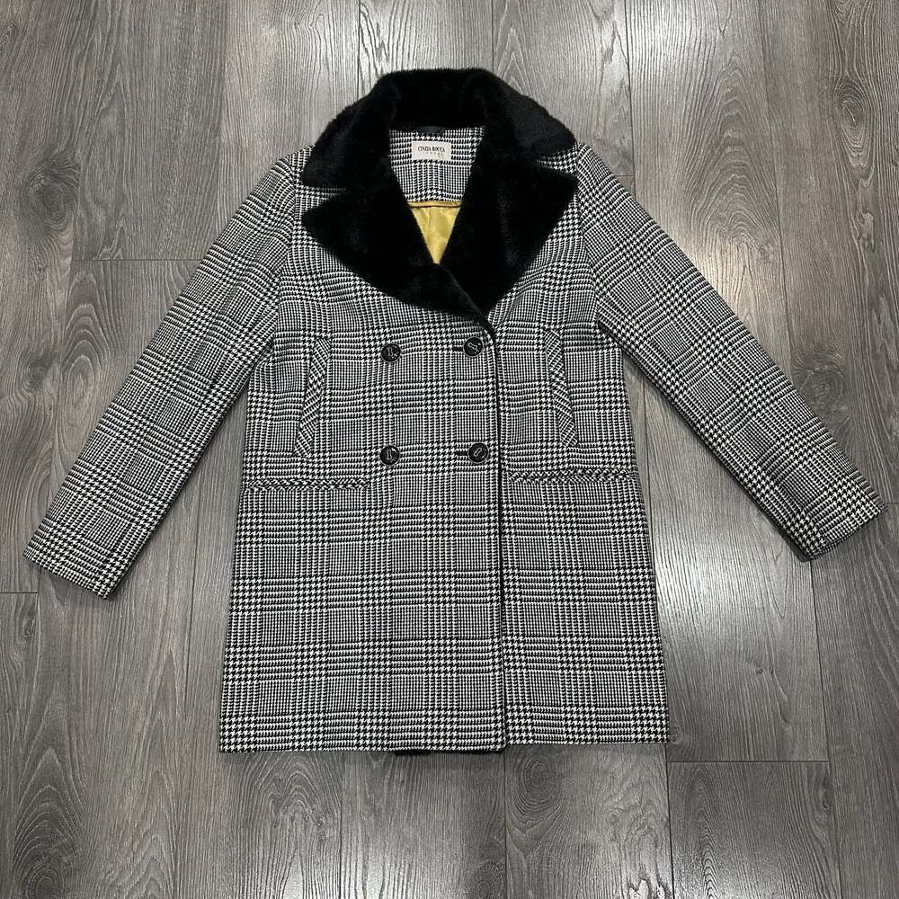 Cinzia Rocca Icons Glen Plaid Wool Blend Coat with Faux Fur Collar